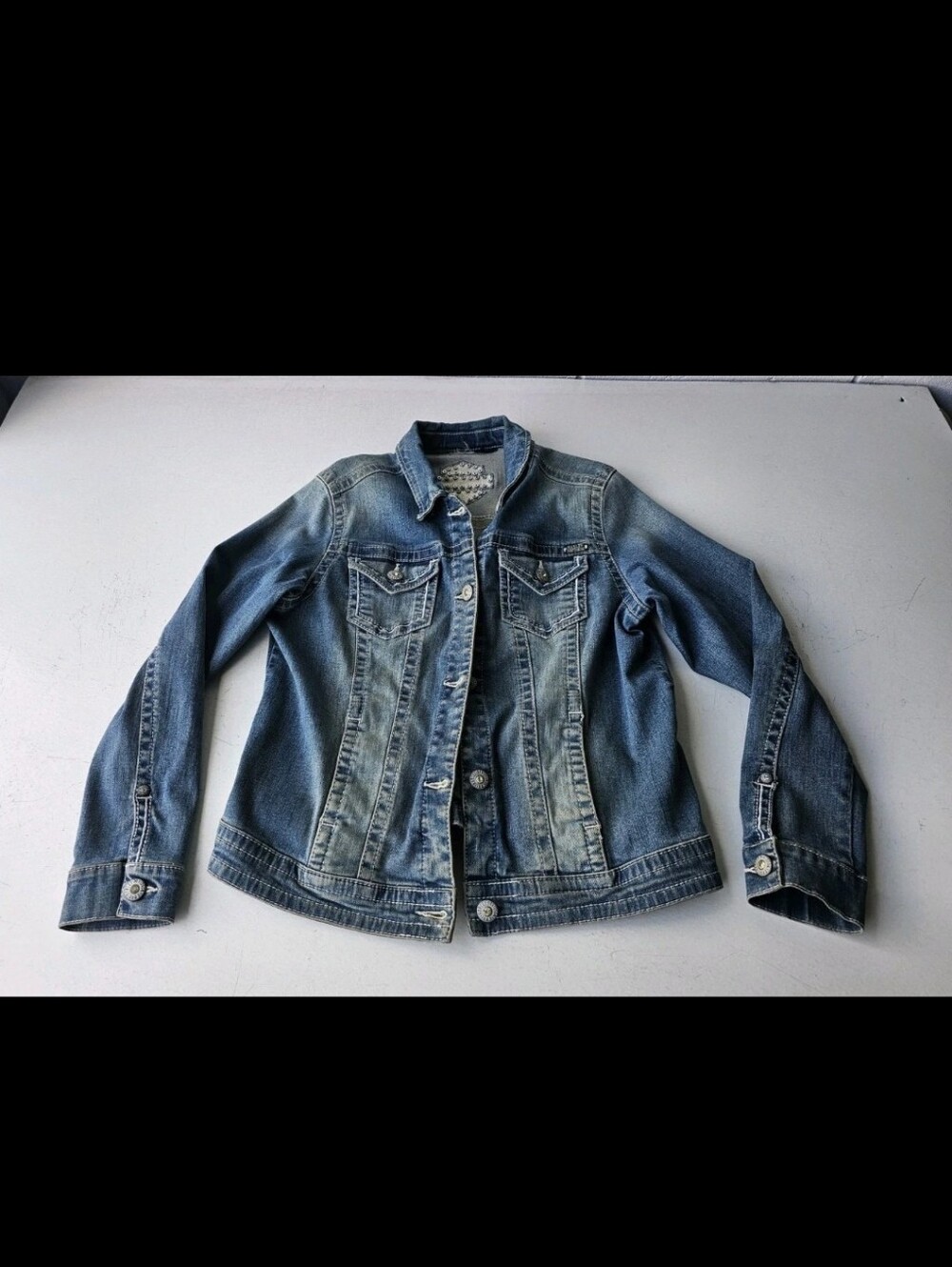 Women's Harley Davidson Blue Jean Jacket Black Sz Large Embroidered Buttons A1